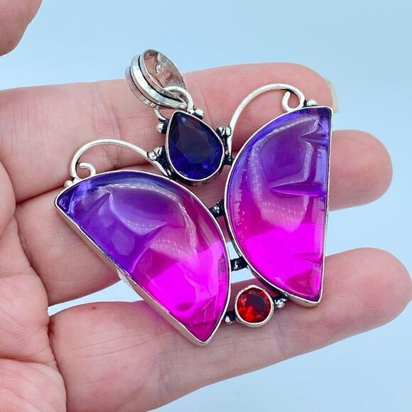 Bi-Color Tourmaline, Garnet, Gemstone Butterfly Pendant - Picture 3 of 6
